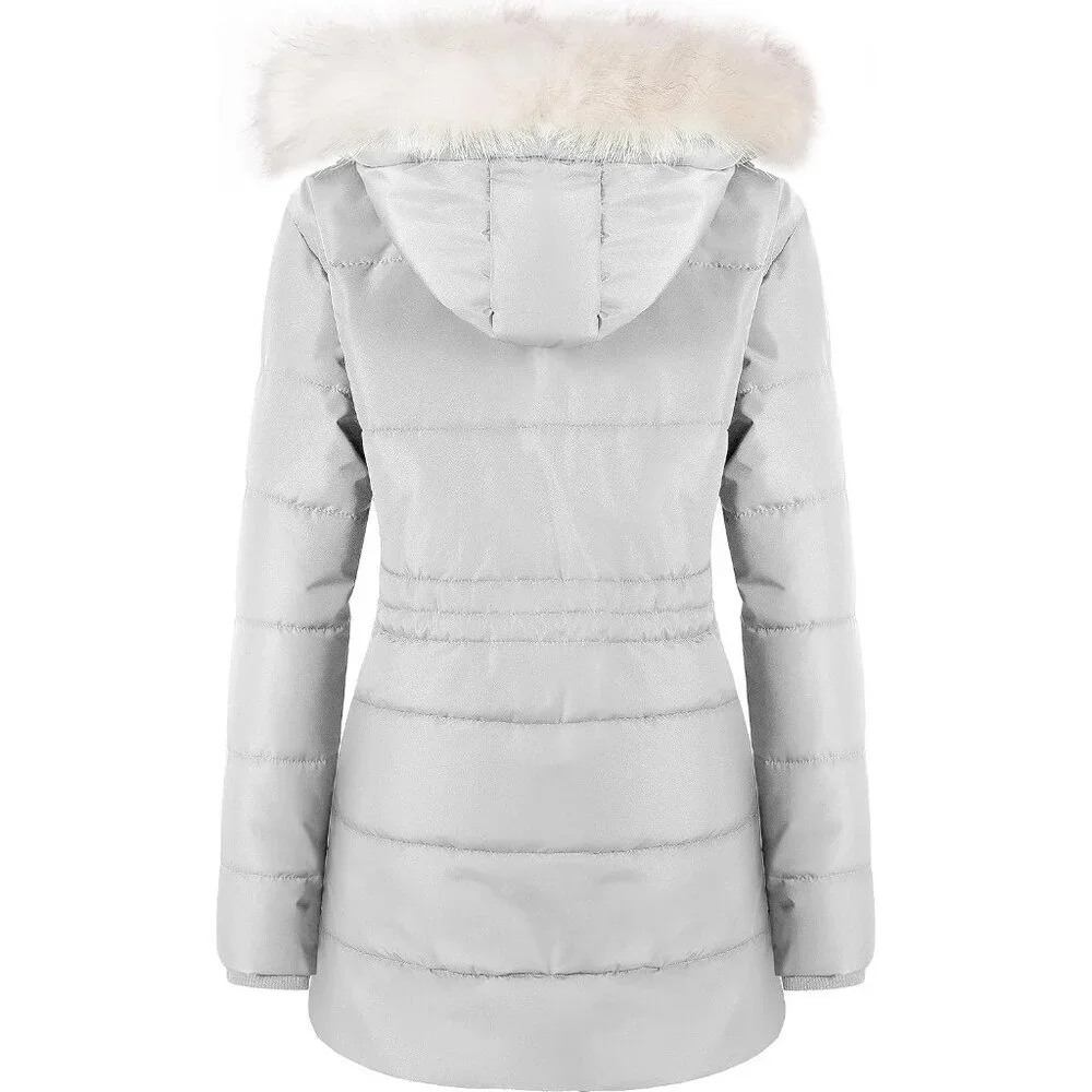 Women's Light Grey Winter Warm Long Drawstring Waterproof Snow Puffer Jacket